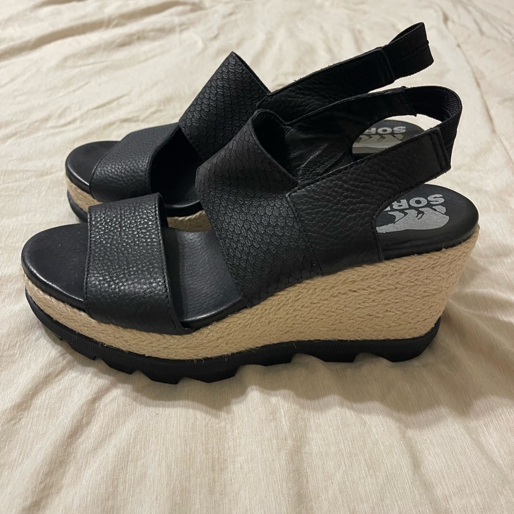 Sorel Black and Cream Wedge Sandals
